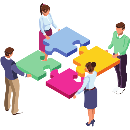 Four people joining colourful puzzle pieces